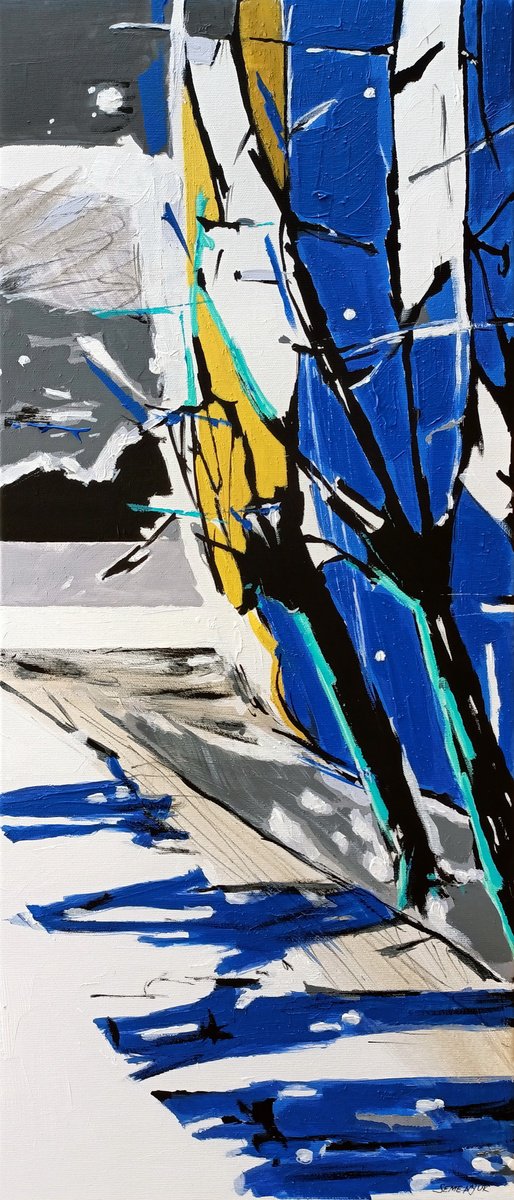 Impressionistic Abstract Acrylic Painting By Evgen Semenyuk, 12 X 28, Winter Trees, Original Artwork