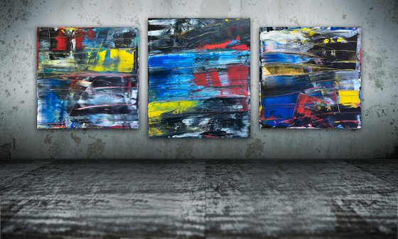 "An Orgy Of Pain" - Save As A Series - Original Xt Large PMS Abstract Acrylic Painting Triptych on Artist-Stretched Canvas - 108" x 42"