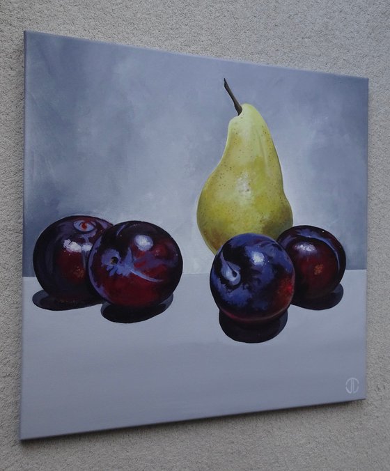 Still life plums and pear