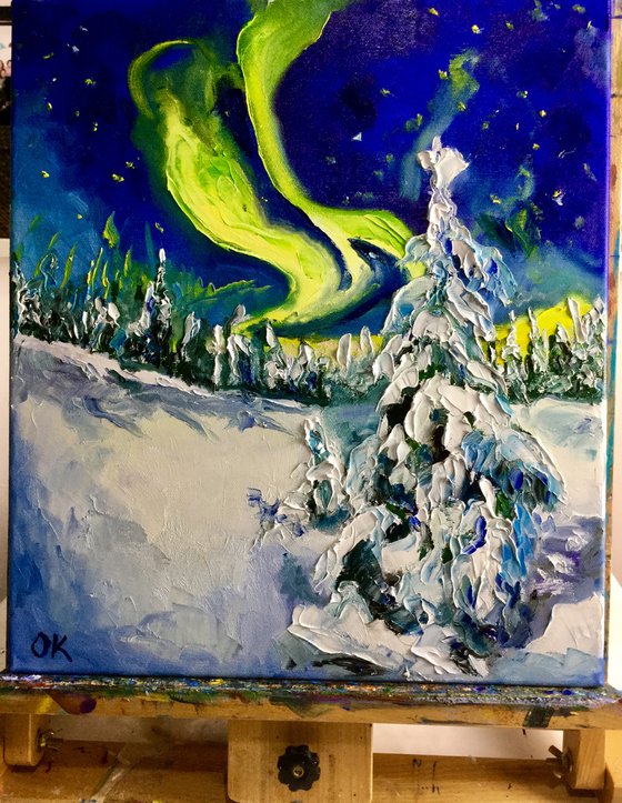 Mystic winter night before Christmas. Northern lights