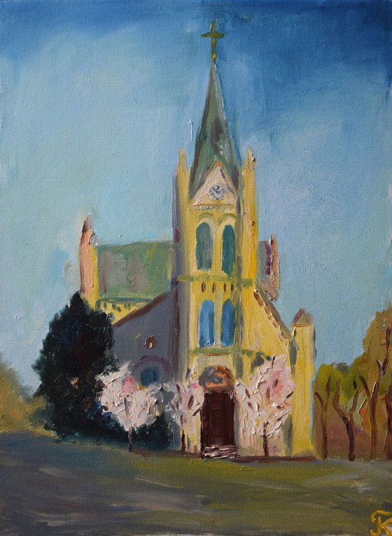 Oil painting Blossoming Church Blumental in Bratislava, Slovakia