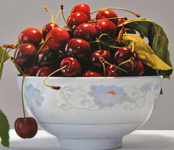 Still life with cherries  , Original oil on canvas painting