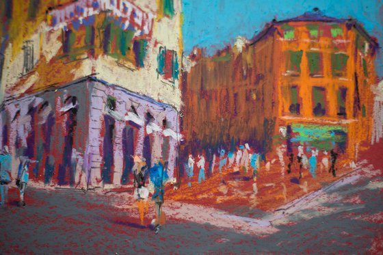 Verona Street. Sunny urban landscape. Italy small oil pastel impressionistic interior painting bright sunny