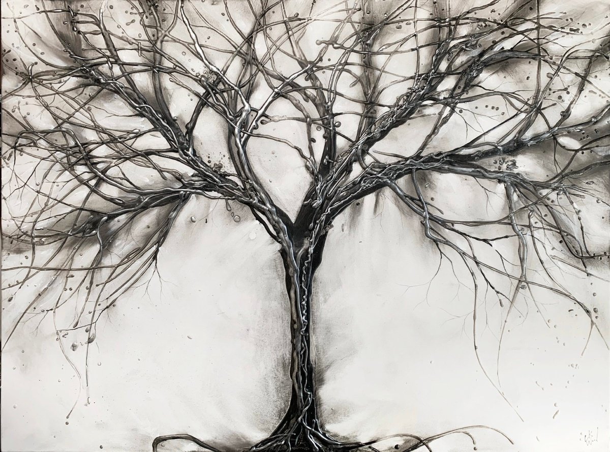 SILVER GREY METALLIC CONTEMPORARY TREE II by Carol Wood