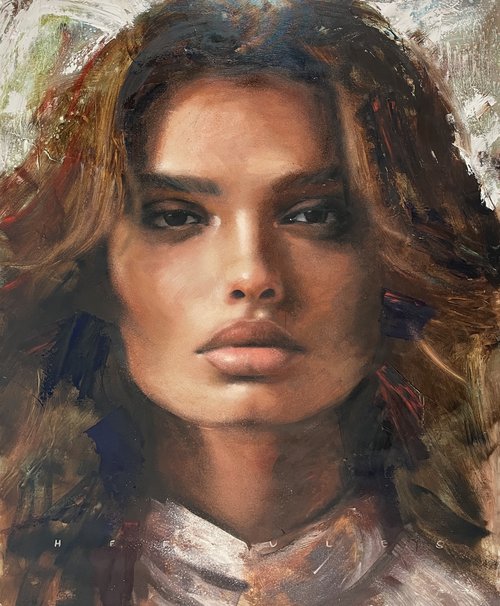 A closer gaze, XL oil painting of a strong portrait brunette fierce model by Renske Karlien Hercules