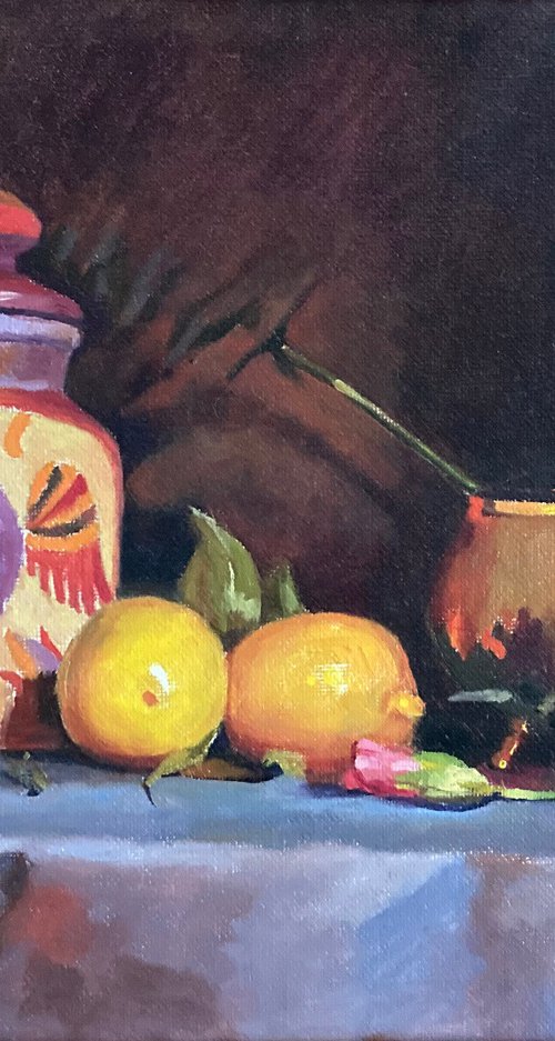 Still-life with a ceramic jar and lemons by Tatyana Holodnova