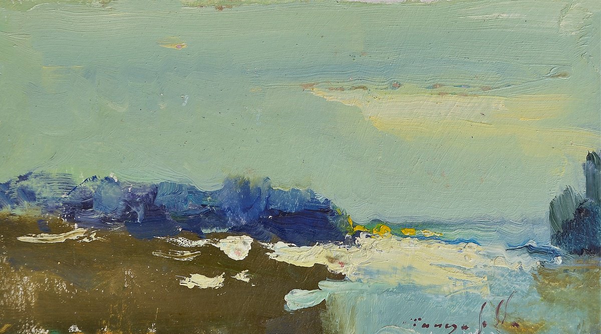 Impressionistic Landscape Oil Painting By Alexander Shandor, 12 X 7, River In Contour, Original Artwork