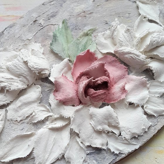 Sculpture painting, pink flowers impasto art Vintage roses