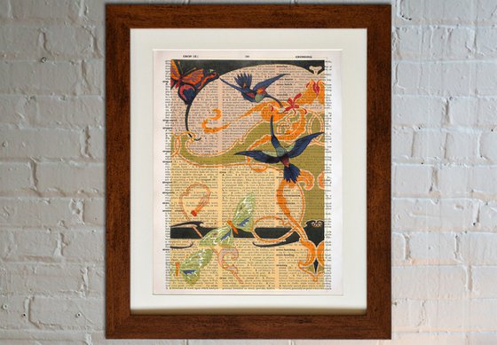 Hummingbirds, Butterflies, Art Nouveau - Collage Art Print on Large Real English Dictionary Vintage Book Page