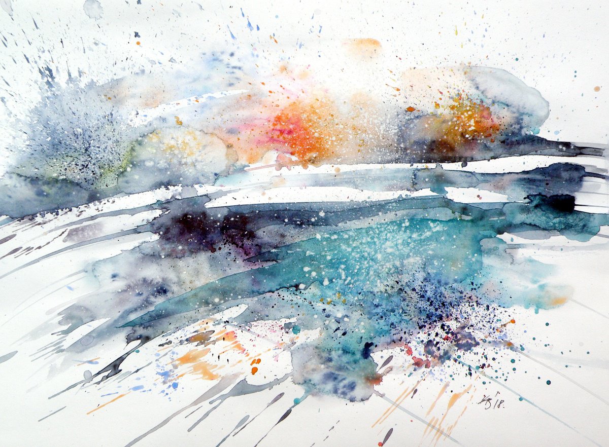 Expressive Landscape Watercolour By Kovacs Anna Brigitta, 16 X 12", Winter Landscape, Original Artwork