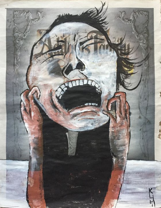 This Pain Acrylic on Newspaper Face Art Man Portrait Sorrow 37x29cm Gift Ideas Original Art Modern Art Contemporary Painting Abstract Free Shipping