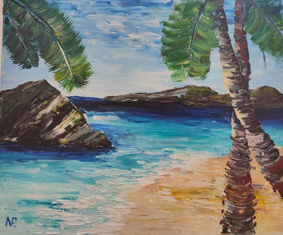 Palms, original sea, sky impressionistic landscape, gift art