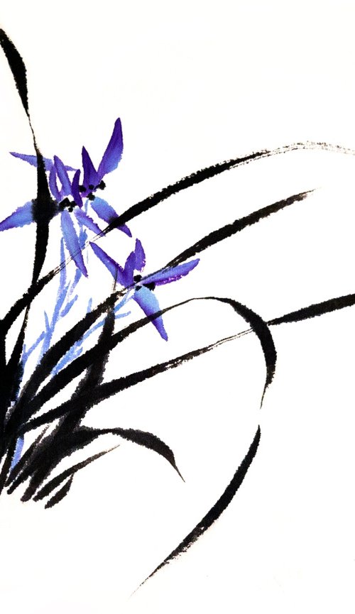 Purple orchids - Oriental Chinese Ink Painting by Ilana Shechter