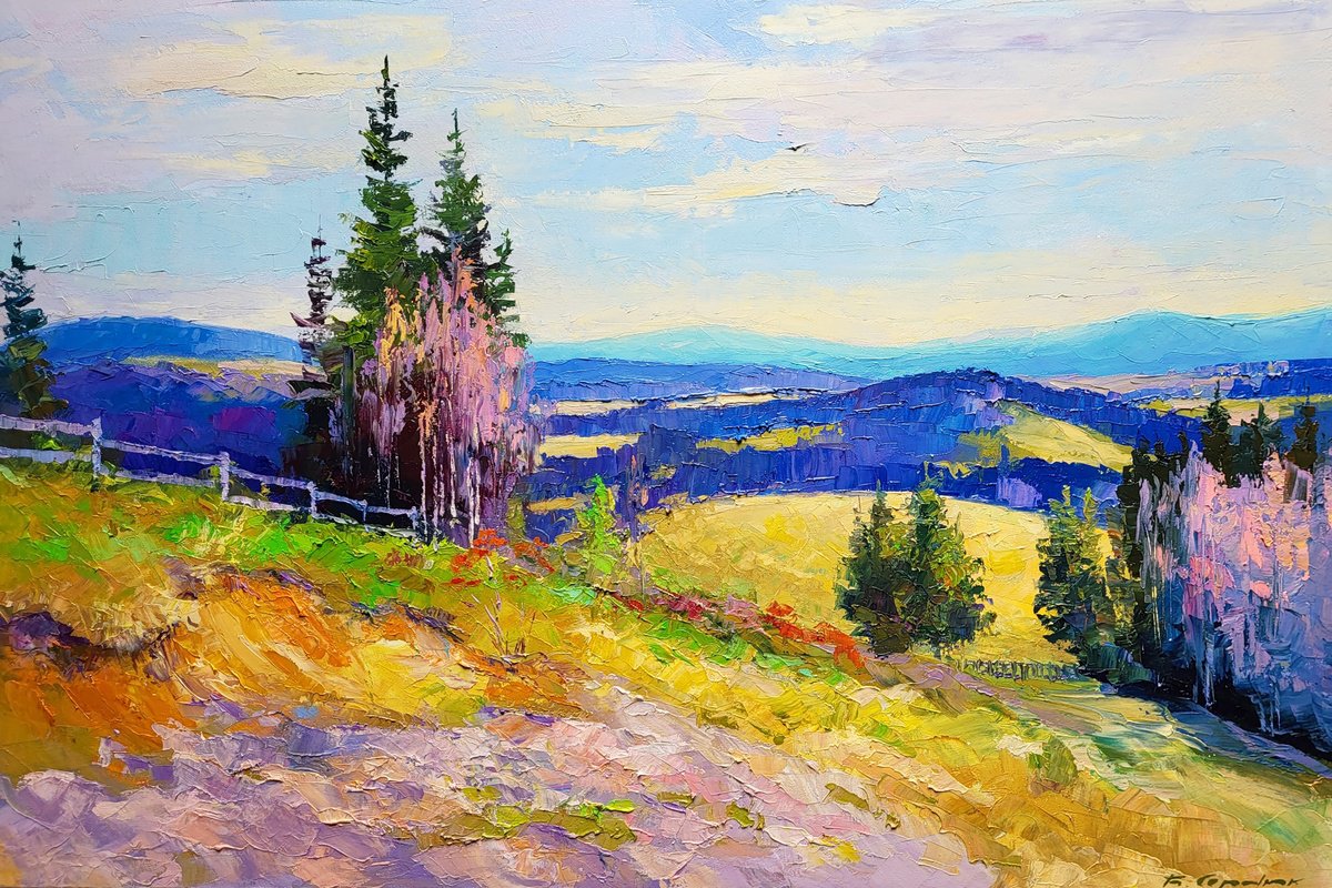 Impressionistic Landscape Oil Painting By Boris Serdyuk, 35 X 24, Carpathian Spaces, Original Artwork