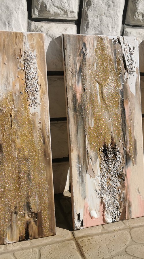 Gold art 3 piece wall art, Original Abstract painting by Annet Loginova