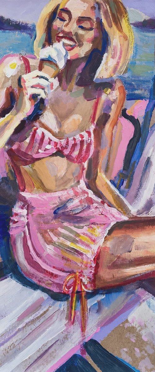 Girl with ice cream in Pink Swimsuit Beach by Iryna Tymkul