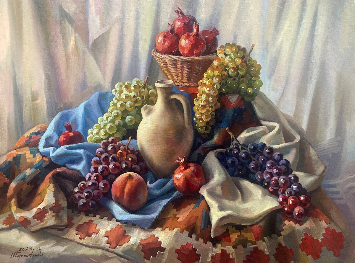 Impressionistic Still Life Oil Painting By Meruzhan Khachatryan, 31 X 24", Grapes And A Jug, Original Artwork