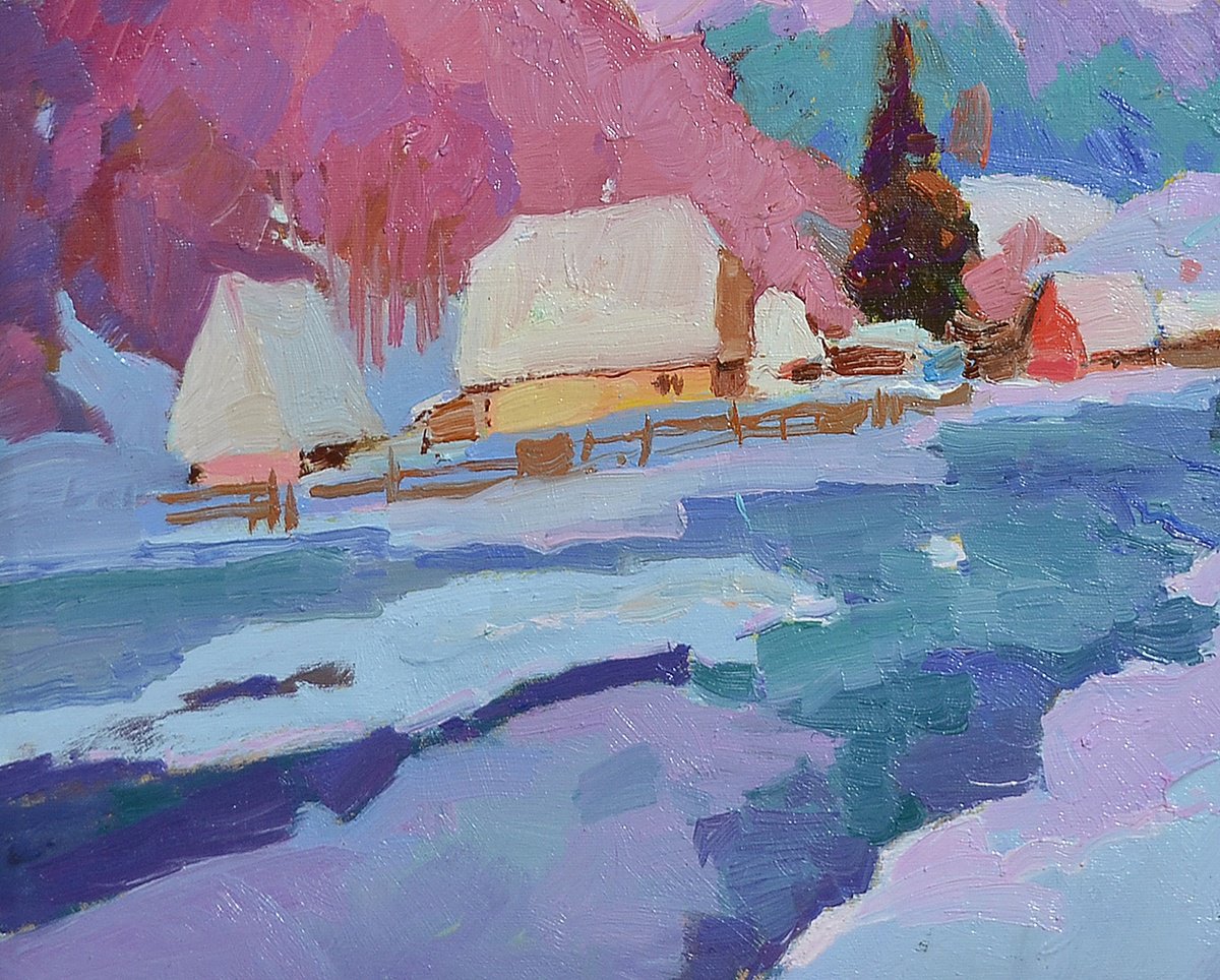 Impressionistic Landscape Oil Painting By Alexander Shandor, 29 X 20, Winter Ways, Original Artwork