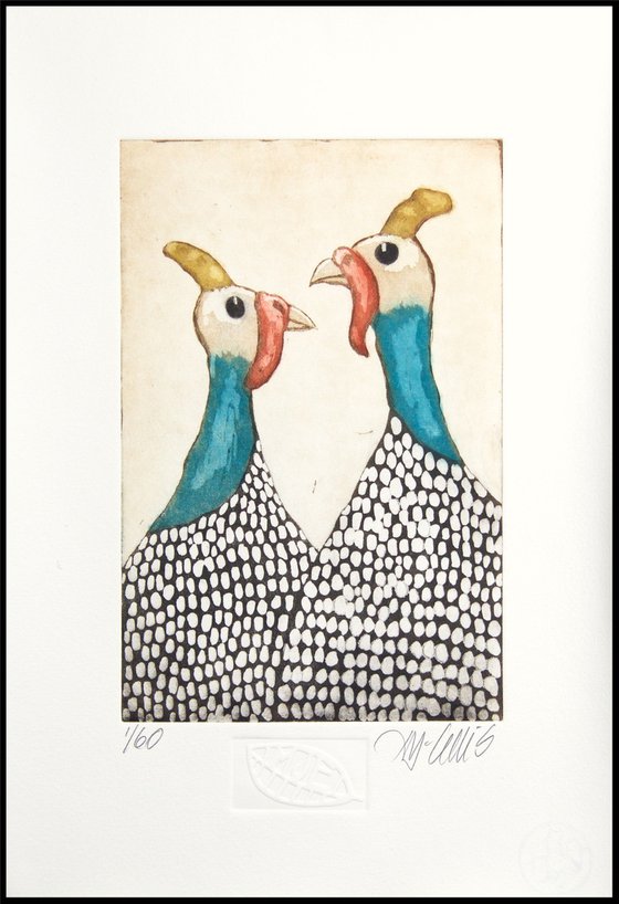 Guinea Hens, aquatint etching