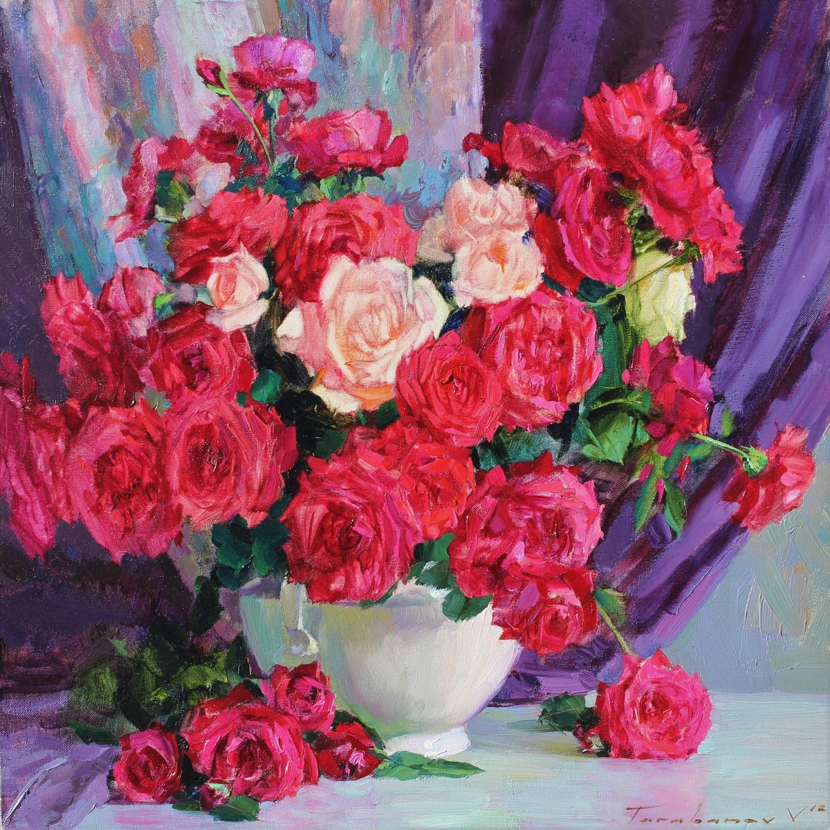 Impressionistic Botanical Oil Painting By Volodymyr Tarabanov, 24 X 24", Bouquet Of Red Roses, Original Artwork
