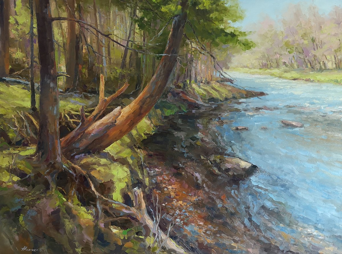 Impressionistic Landscape Oil Painting By Alexander Koltakov, 40 X 30, Forest River, Original Artwork