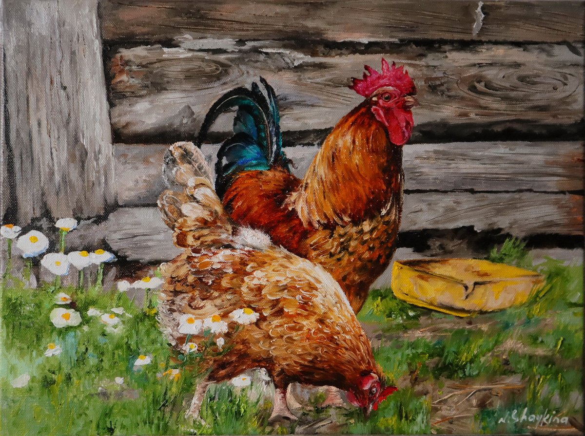 Photorealistic Animal Oil Painting By Natalia Shaykina, 16 X 12", Rooster And Hen In Barnyard, Original Artwork
