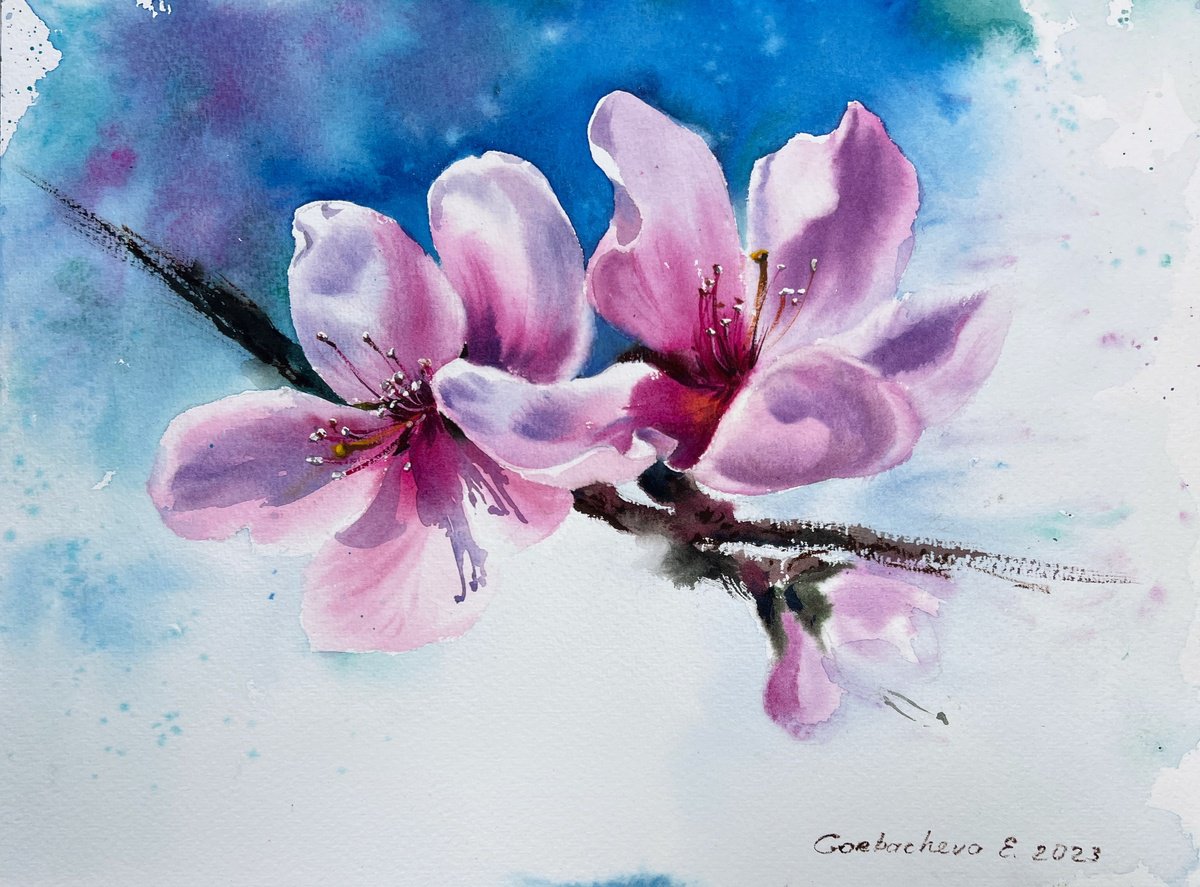 Impressionistic Botanical Watercolour By Eugenia Gorbacheva, 12 X 9, Peach Flowers, Original Artwork
