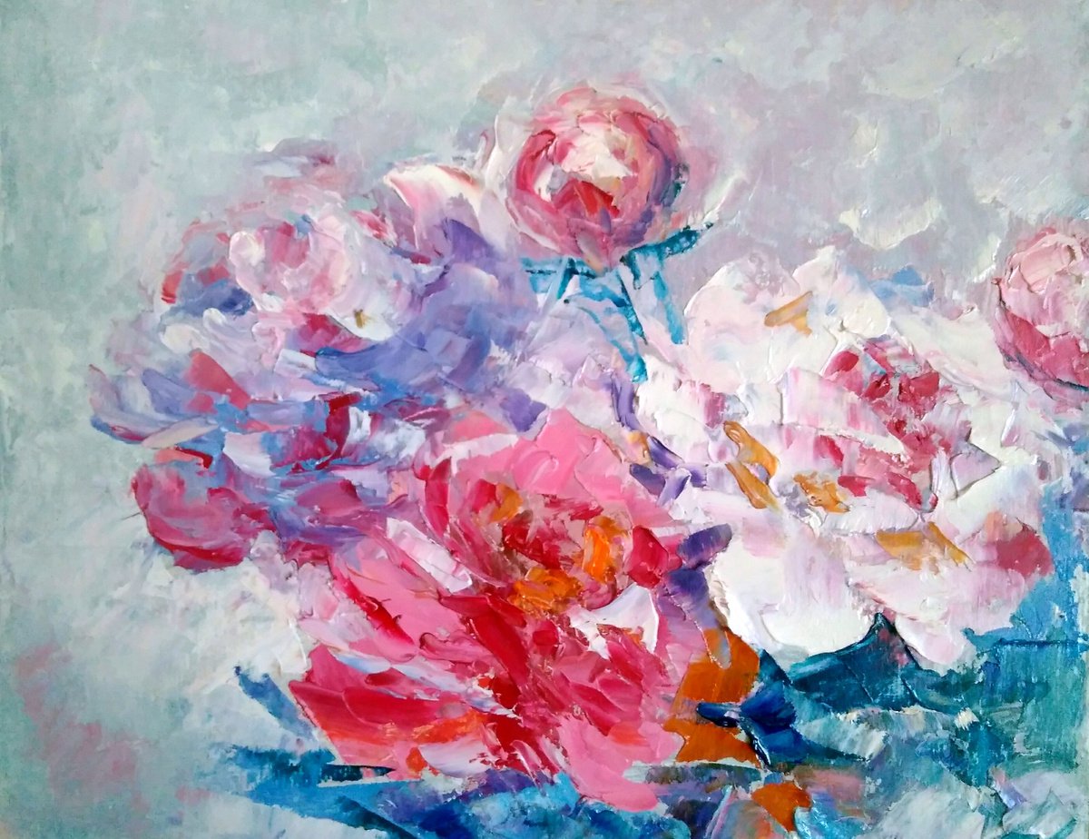 Peonies Painting Original Art Pink Floral Artwork Abstract Small Flower Wall Art by Yulia Berseneva