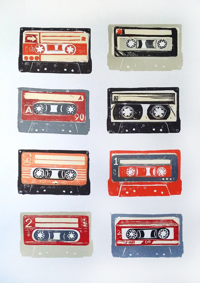 Linocut cassette tapes #61 by Carolynne Coulson