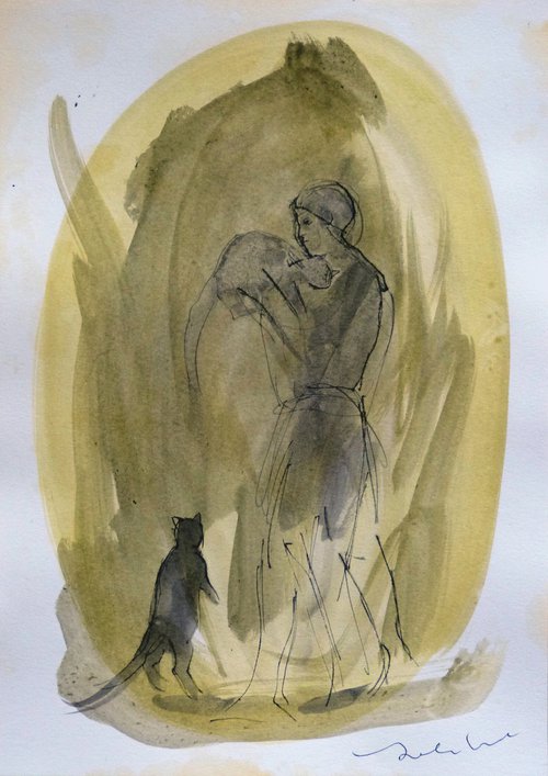 Girl with two cats, EXCLUSIVE to Artfinder + FREE shipping by Frederic Belaubre