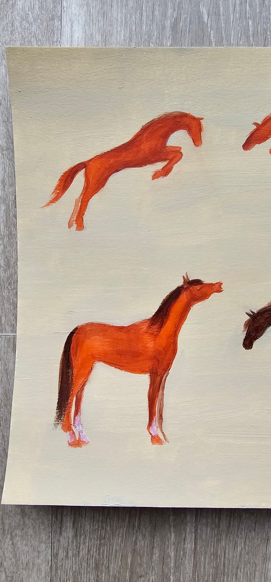 Six chestnut minimalist horses in motion
