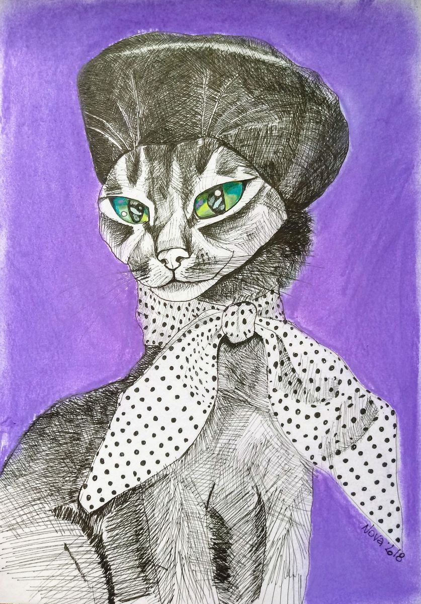 Lady Cat in Beret by Jelena Nova