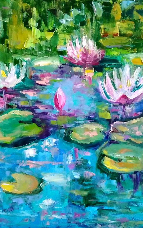 Nympheas, Water Lily Painting Original Art Monet Pond Landscape Artwork Floral Wall Art, 60x40 cm, ready to hang. by Yulia Berseneva