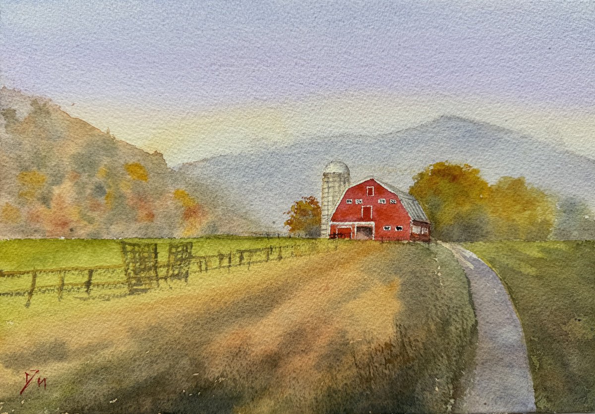 Impressionistic Landscape Watercolour By Shelly Du, 12 X 8", Red Barn In New England Autumn, Original Artwork