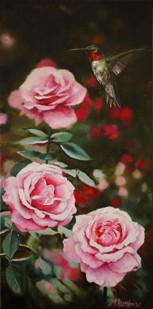 Ruby Throated Hummingbird and Pink Roses by Natalia Shaykina