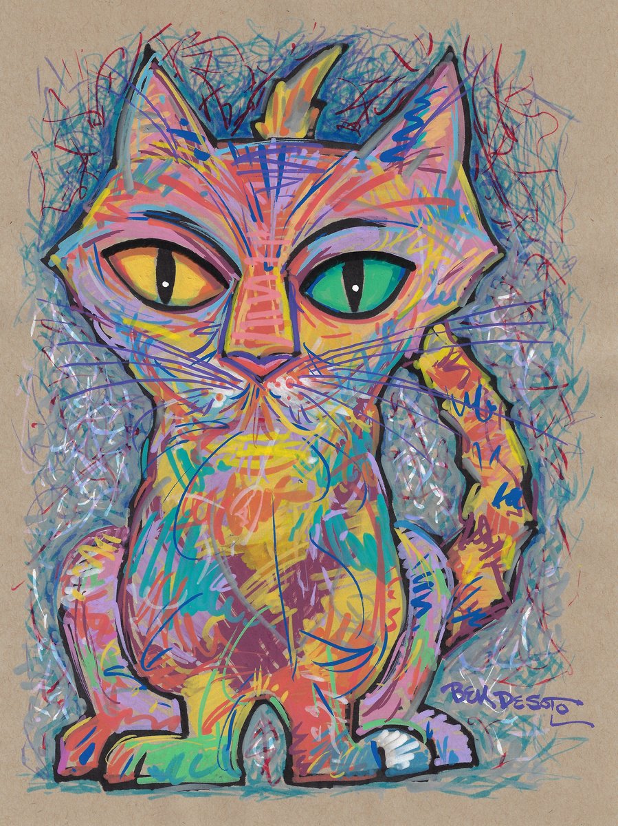 Animal Painting By Ben De Soto, 9 X 12, Lucky Cat, Original Artwork