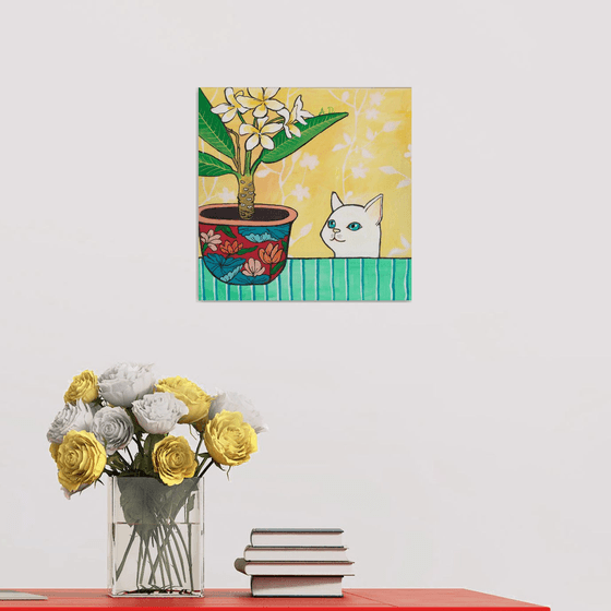 "Curious cat and plumeria in red floral pot." Maximalist Modern Matisse-Inspired Original Painting