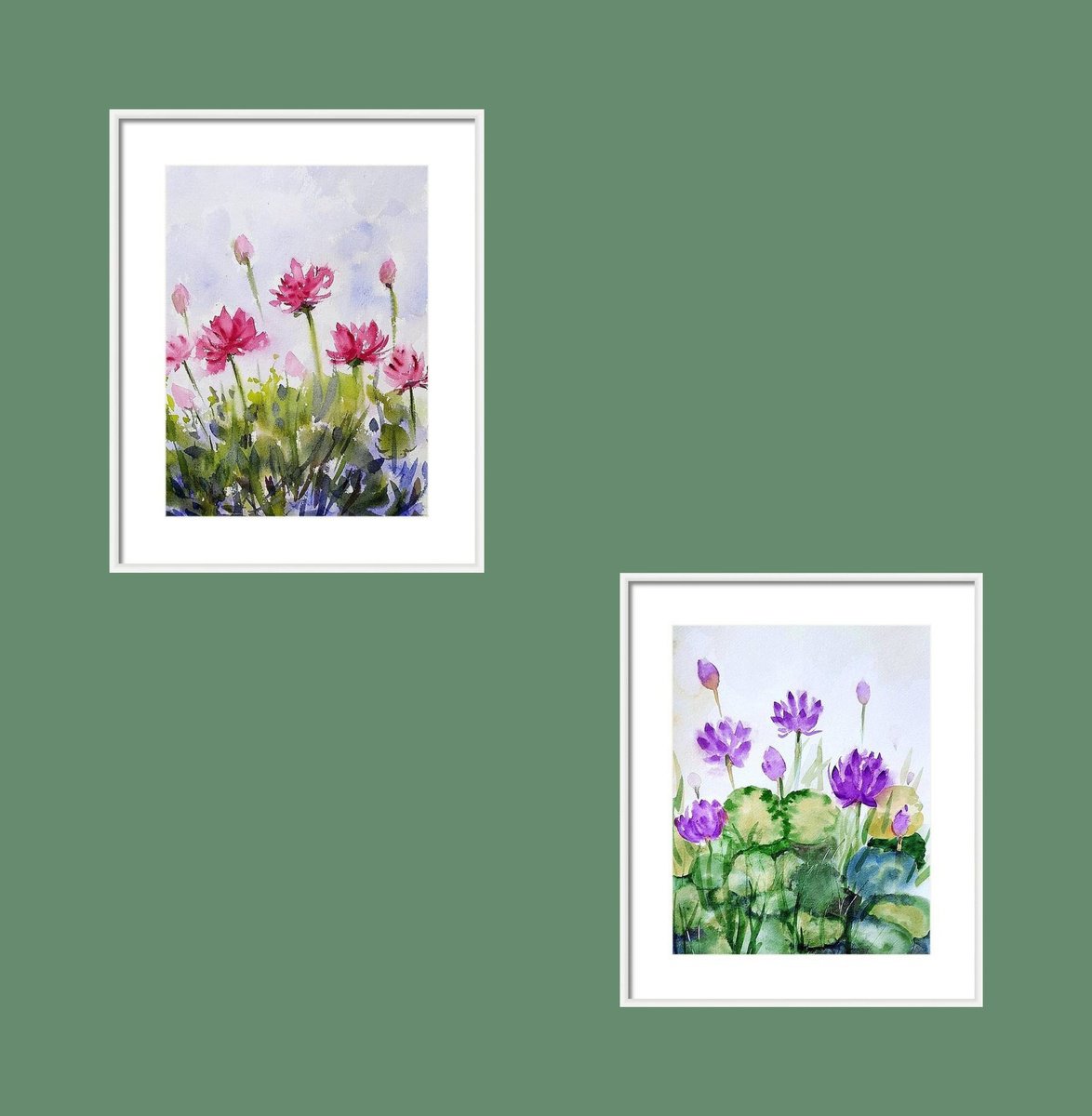 Impressionistic Botanical Watercolour By Asha Shenoy, 8 X 11, Crimson Water Lily Pond - Set Of Two, Original Artwork