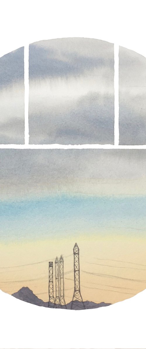 Mountains and Sunset with Towers and Transmission Lines by Leah Lewman Laird