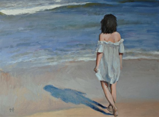 Blue Waters-Impressionist beach figure oil sea painting. 45x61cm.