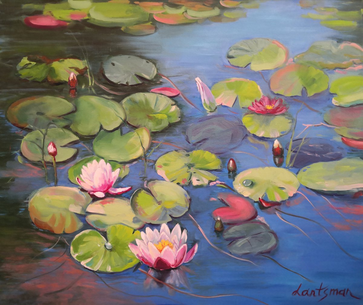 Waterlily pond with lotus flowers landscape by Jane Lantsman