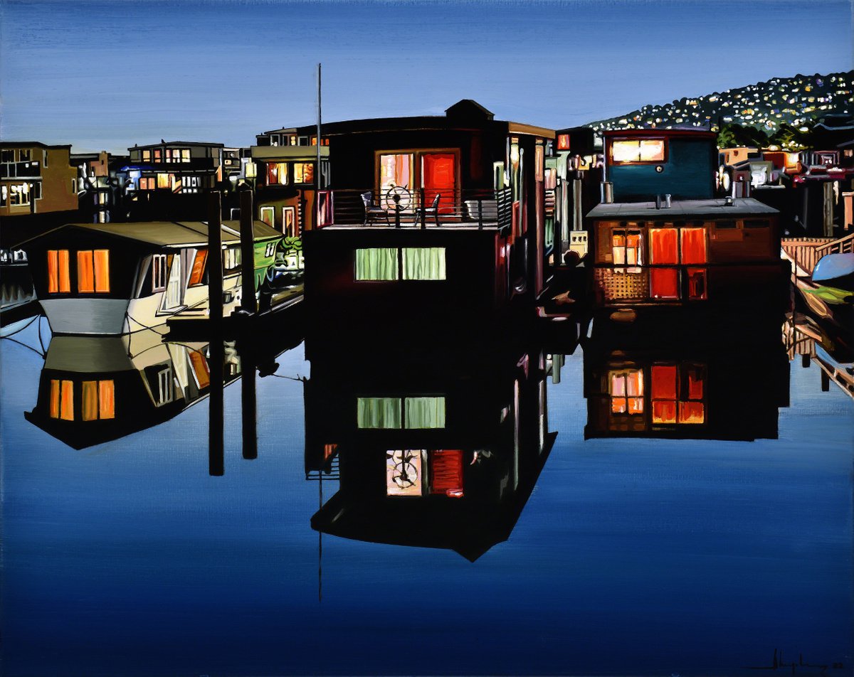 Impressionistic Landscape Oil Painting By Alex Nizovsky, 30 X 24, Sausalito Houseboats Nocturne, Original Artwork
