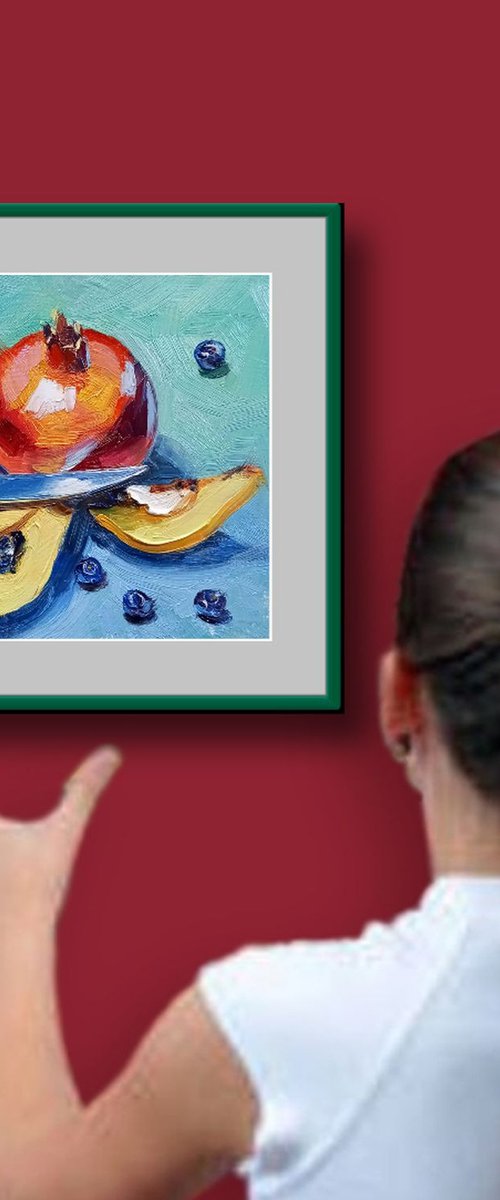'POMEGRANATE WITH QUINCE' - Small Oil Painting on Panel Ready to Hang by Ion Sheremet