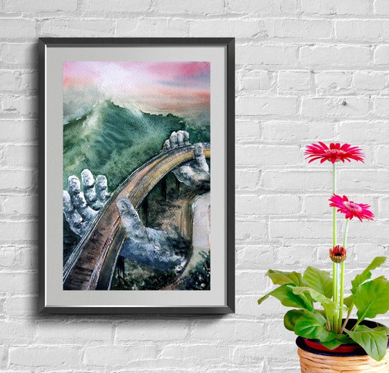 Golden Bridge in Da Nang Vietnam - ORIGINAL Watercolor Painting - Landscape Art