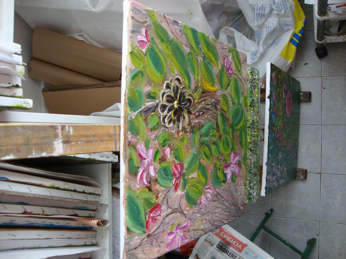 Impressionistic Botanical Oil Painting By Olga Knezevic, 16 X 16", Lovely Details Of Nature, Original Artwork