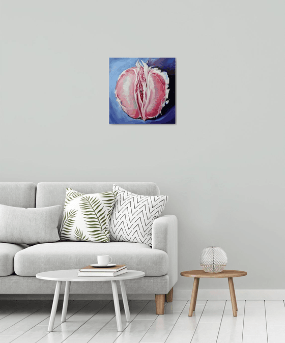 JUST GRAPEFRUIT _ oil on canvas, pink, erotic art, fruit, office decor, pop art, purple blue, nude