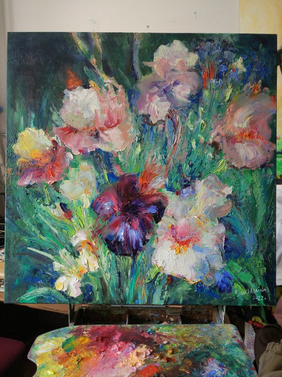Irises in a shady garden Flowers interior painting