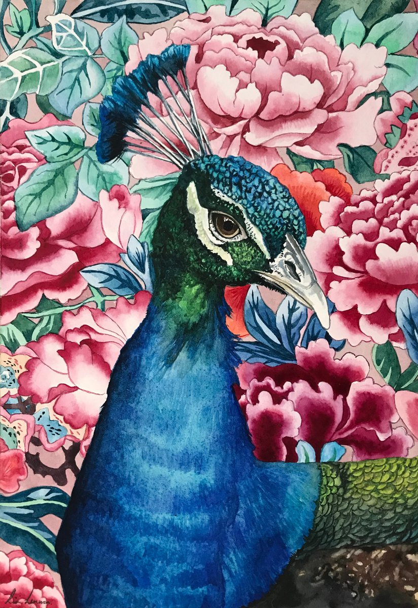Peacock and Flowers by Lisa Lennon