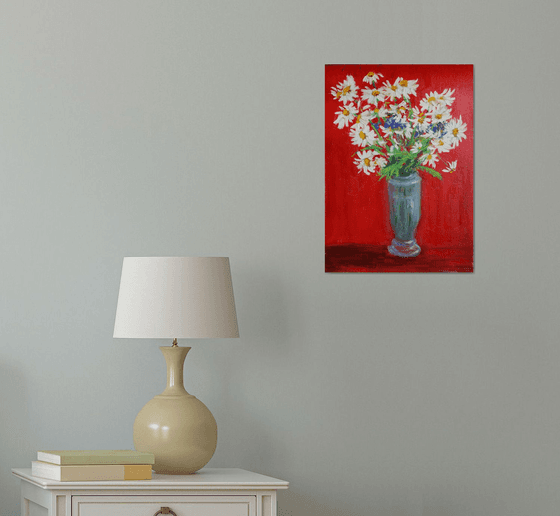 Daisies on Red /  ORIGINAL PAINTING
