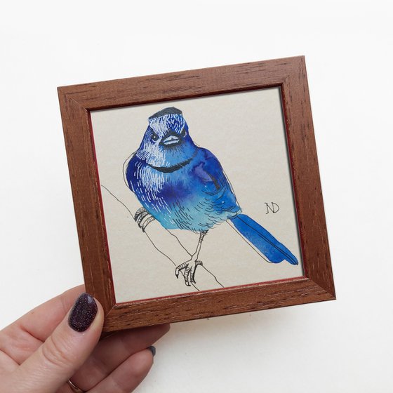 Blue bird Monarch drawing framed 4x4, Original ink line drawing sketch bird in framed artwork, Shelf decor ideas gift